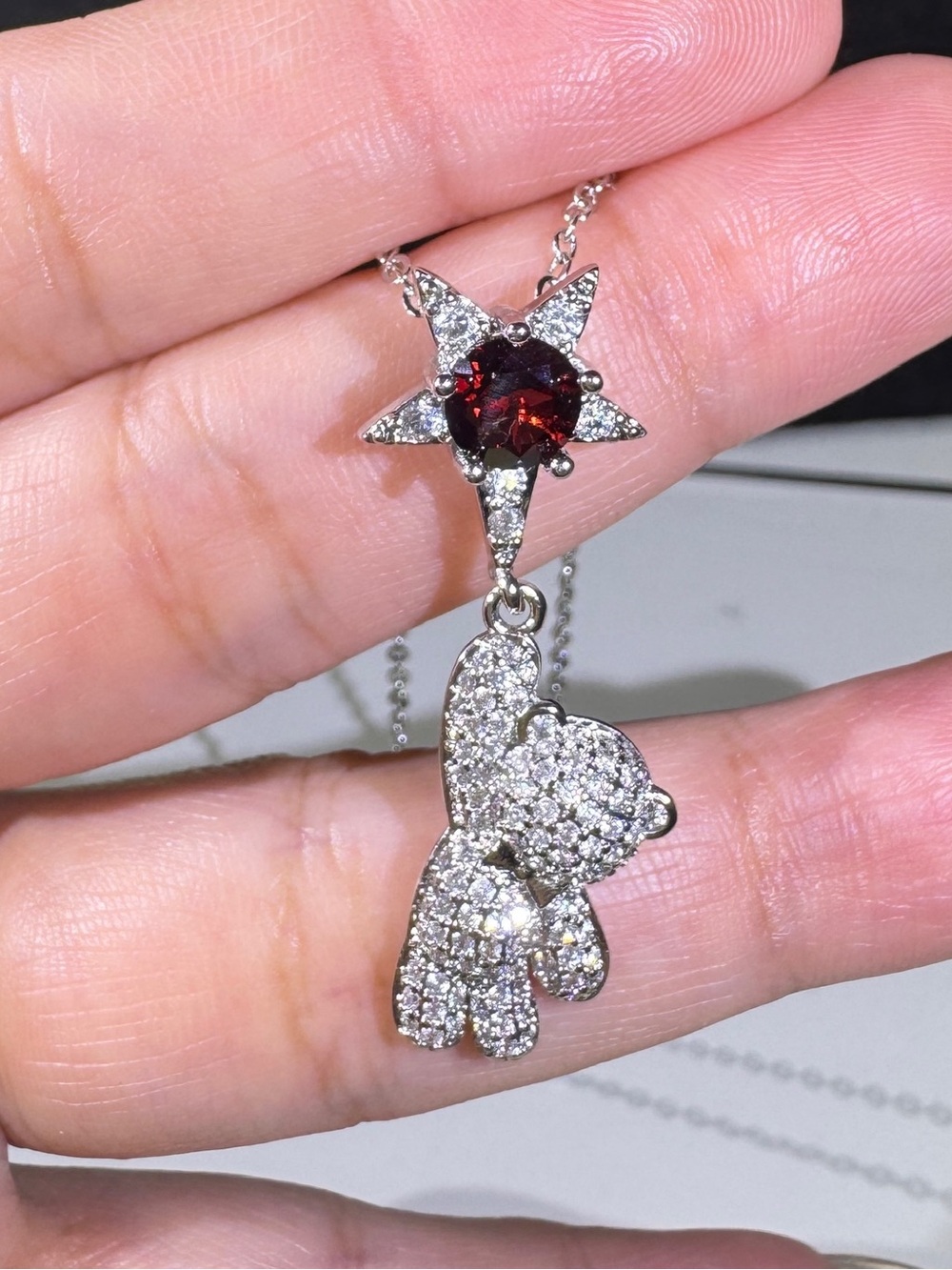 Star & Teddy Bear Pendant Necklace with Garnet Center